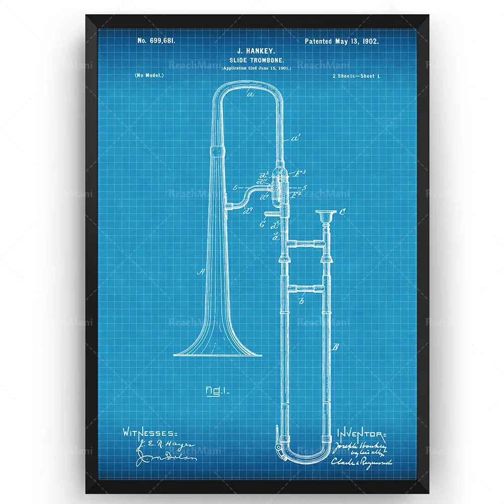 Slide Trombone 1902 Patent Print, Wall Art Poster Music Blueprint Gifts