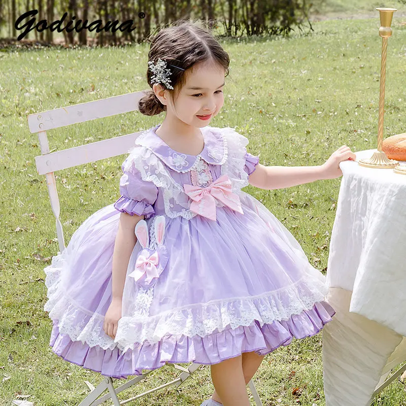 

Sweet Baby Girls 2026 Summer New Cute Puff Sleevelolita Tutu Dress Kids Pure Cotton Soft Doll Collar Lace Trim Bow Floral Gown