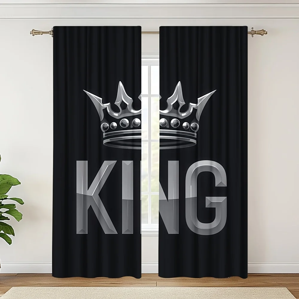 2pcs King Crown Curtains Silver Typography Print Blackout Drape Living Room Bedroom Window Treatment Home Decor