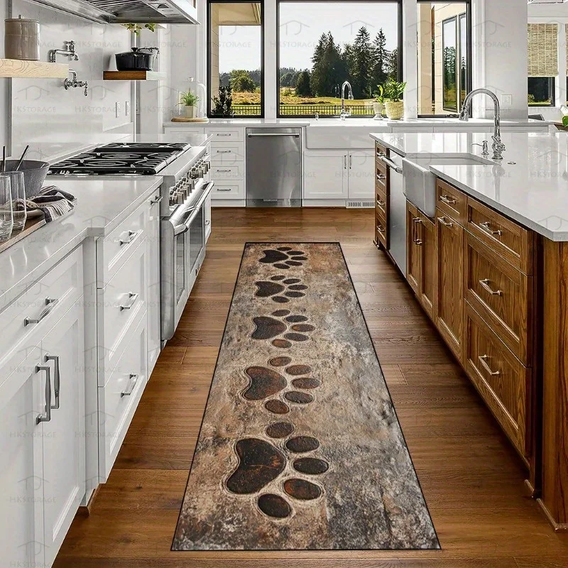 VIKAMA Retro Stone-Patterned Bear Paw Print Long Strip Carpet, Anti-Slip Kitchen Floor Mat, Wear-Resistant Corridor Foot Mat Rug