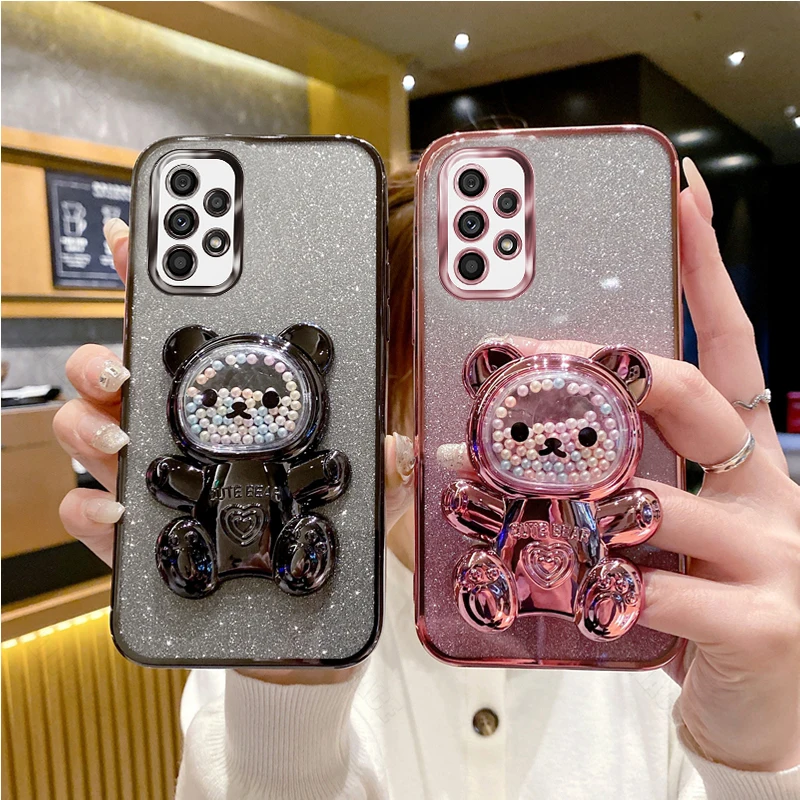 Glitter Bling Bear Silicone Phone Holder Case For Samsung Galaxy A52 A32 A33 A52S A53 A72 A73 4G 5G Girl Woman Stand Back Cover