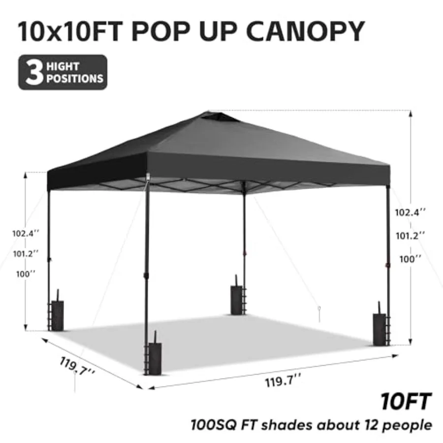 10'x10' Pop Up Canopy Tent for outdoor events, parties, camping and garden use; black polyester canopy with steel frame; quick-