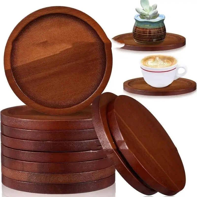 1/4/6 PCS Round Natural Wood Coasters With Groove Design Water Resistant Surface For Home Coffee Table Drinks Small Pots