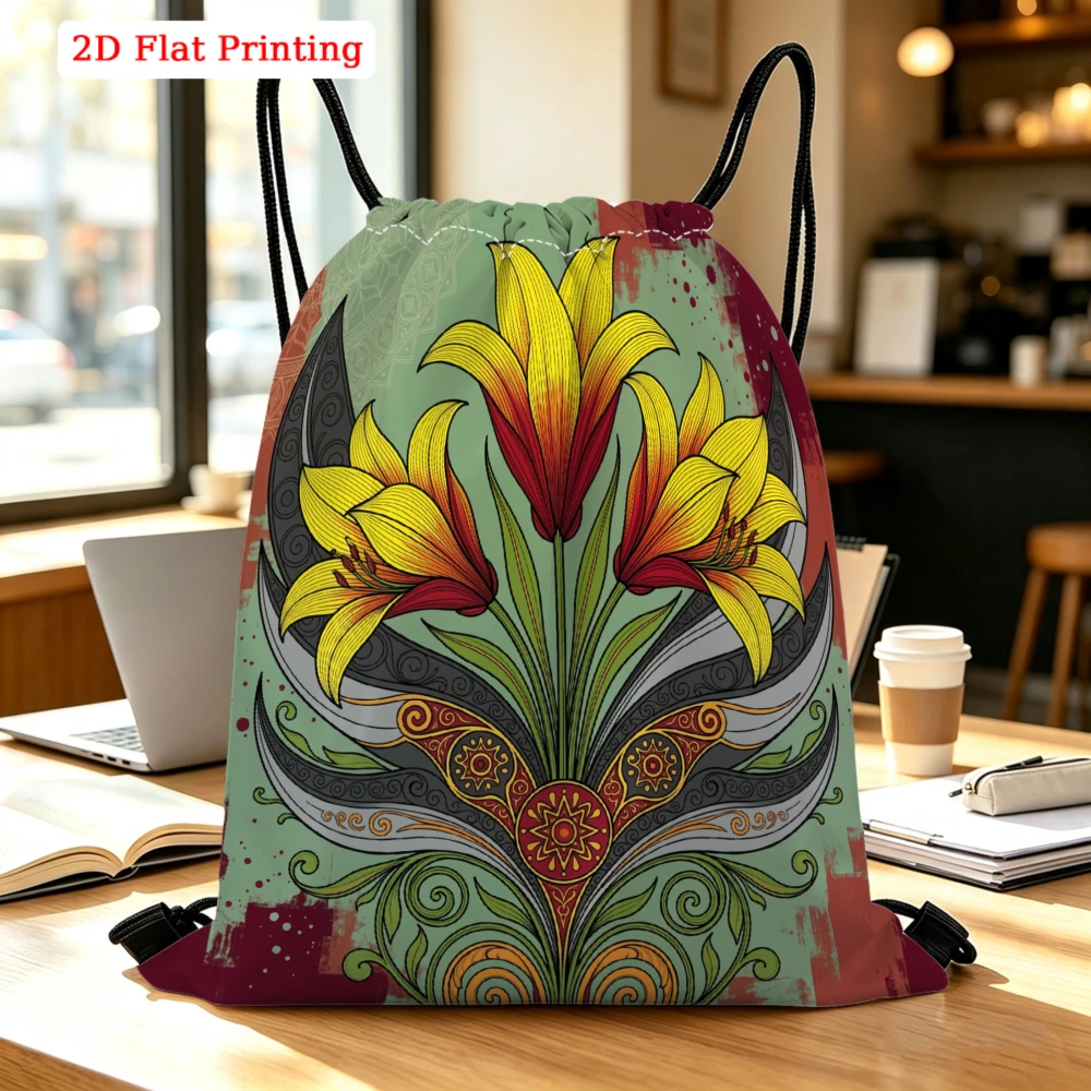 Yellow Lilies on Green Background Drawstring Bag Travel Shoe Fitness Sports Backpack
