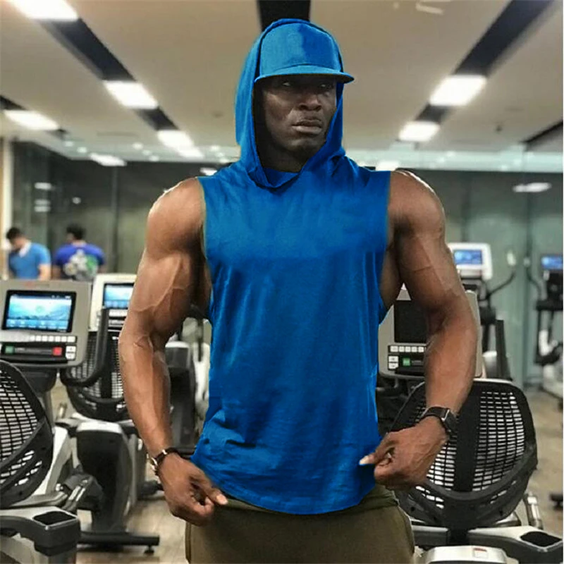 Bodybuilding Stringer Hoodies Gym Sleeveless Hooded Fitness Tank Tops Mens Running Sport Clothing Cotton Breathable Cool Shirt