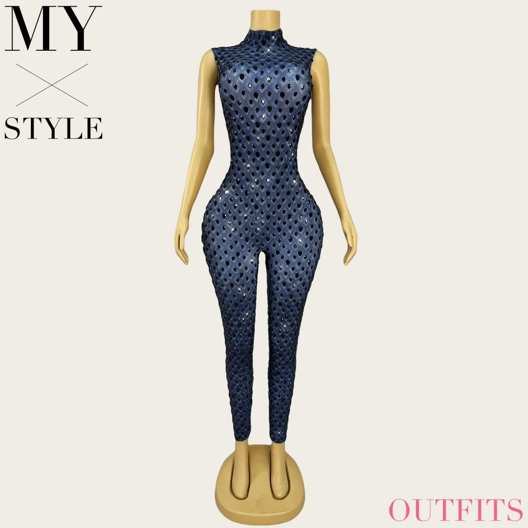Heilongjiang Shining Black Rhinestones Bodysuit Daily Party Celebrate Show Fashion Outit Singer Dancer Performance Costume