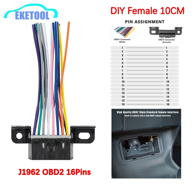 J1962 OBD2 16Pins DIY Female Connector Cable 10CM Opening Female to OBD2 16P Extension Full 16Pin Different Colors