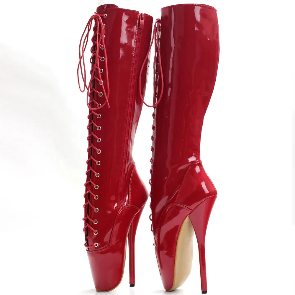 

18CM High Ballet Heel Pointed-Toe Cross-tied Zip Patent Leather Women Sexy Fetish Knee-High Boots Unisex