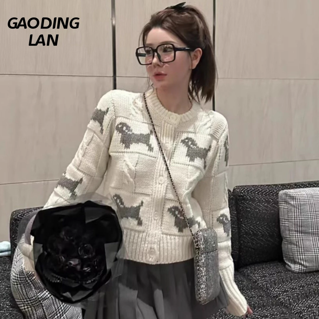

Creative Puppy Print Long Sleeve Women Sweaters Autumn Winter Thick Round Neck Jacquard Knitted Coats Female Cardigan Outwear