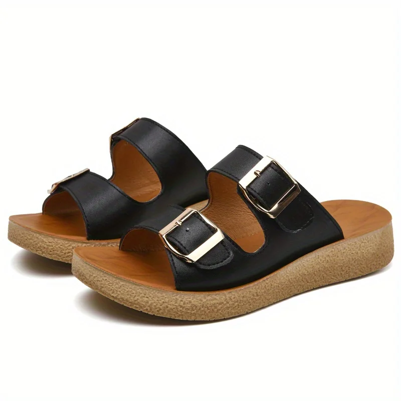 Women's Double Buckle Strap Flat Slides Casual Open Toe Non Slip Wear-resistant Shoes Outdoor Beach Slides