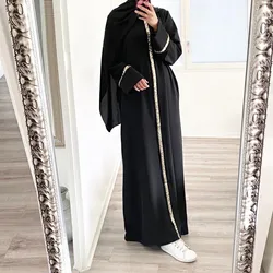 Muslim Robes For Female Sequin Patchwork Edge Abaya Casual Dress Solid Color Round Neck Long Sleeve Chiffon Dresses Ramadan