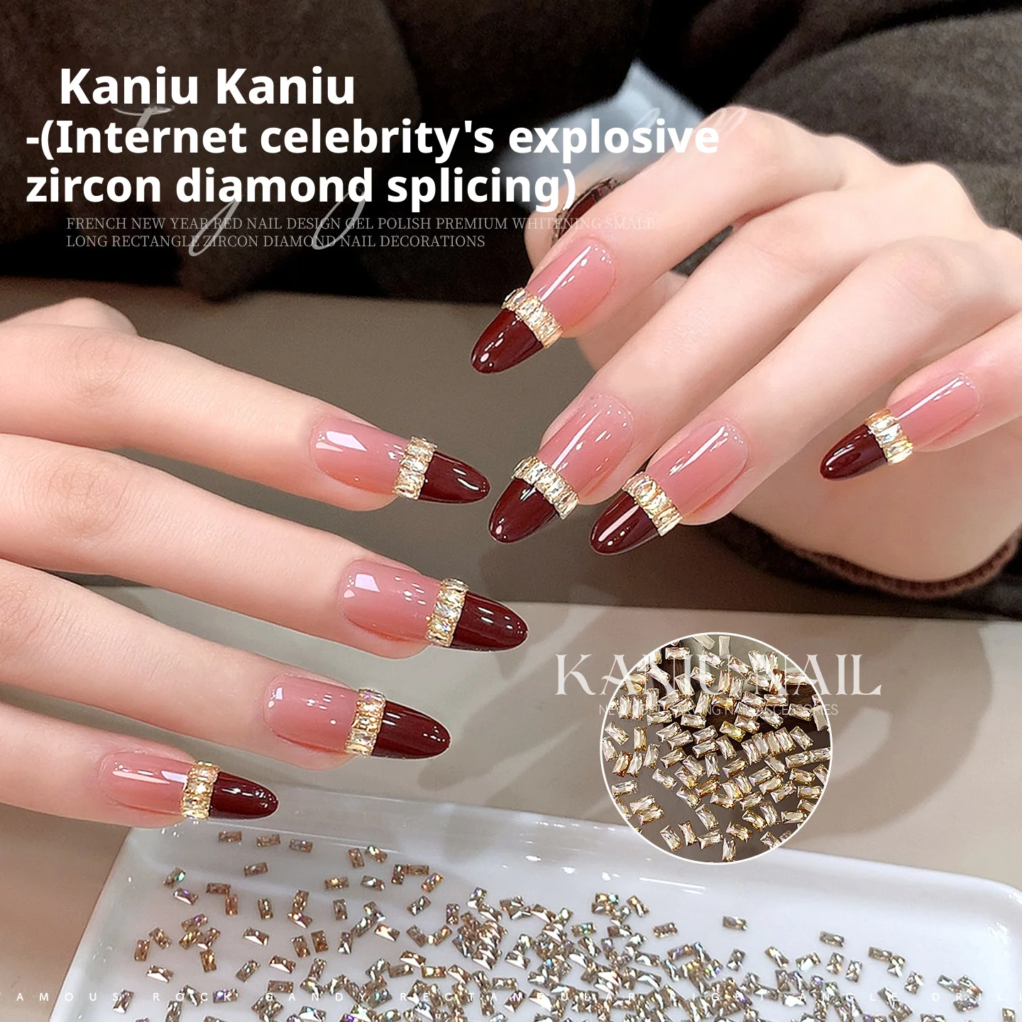 KANIU Champagne rechthoekige nagel zirkoon wit transparant 5A nagelkristal diamant Frans gestreept nagelaccessoire