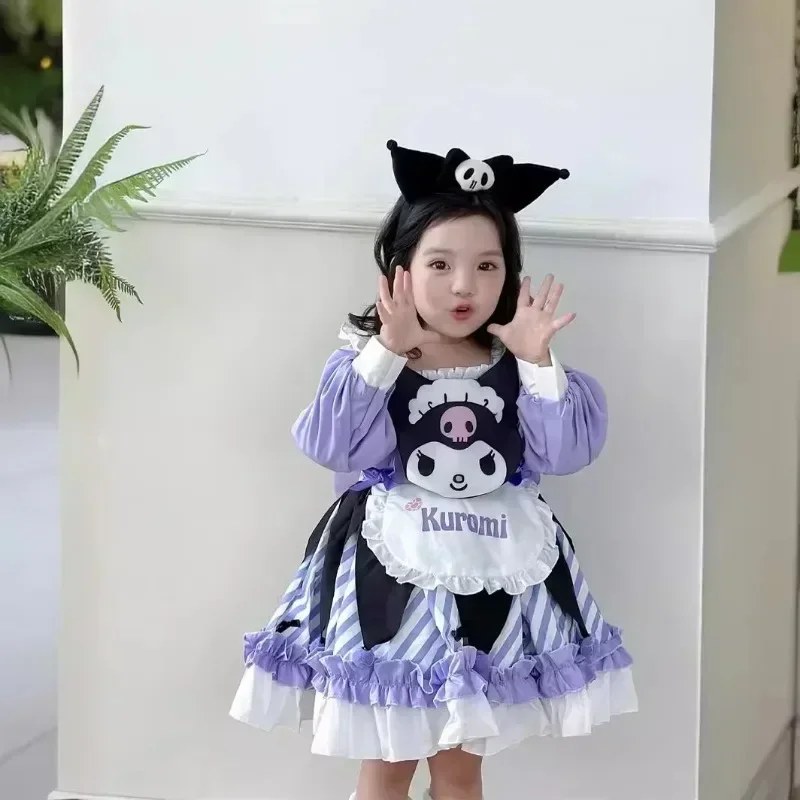 Sanrio Kuromi vestido manga curta para meninas, saia melody, casual roupas soltas, presente de aniversário, fantasia de princesa, roupas de Halloween, fofas