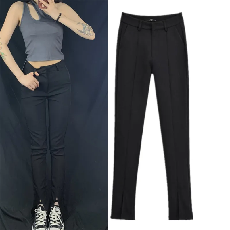 American Sle taille haute minceur jambe droite costume pantalon avant fendu pantalon décontracté pour les filles à la mode longue haute rue Sle