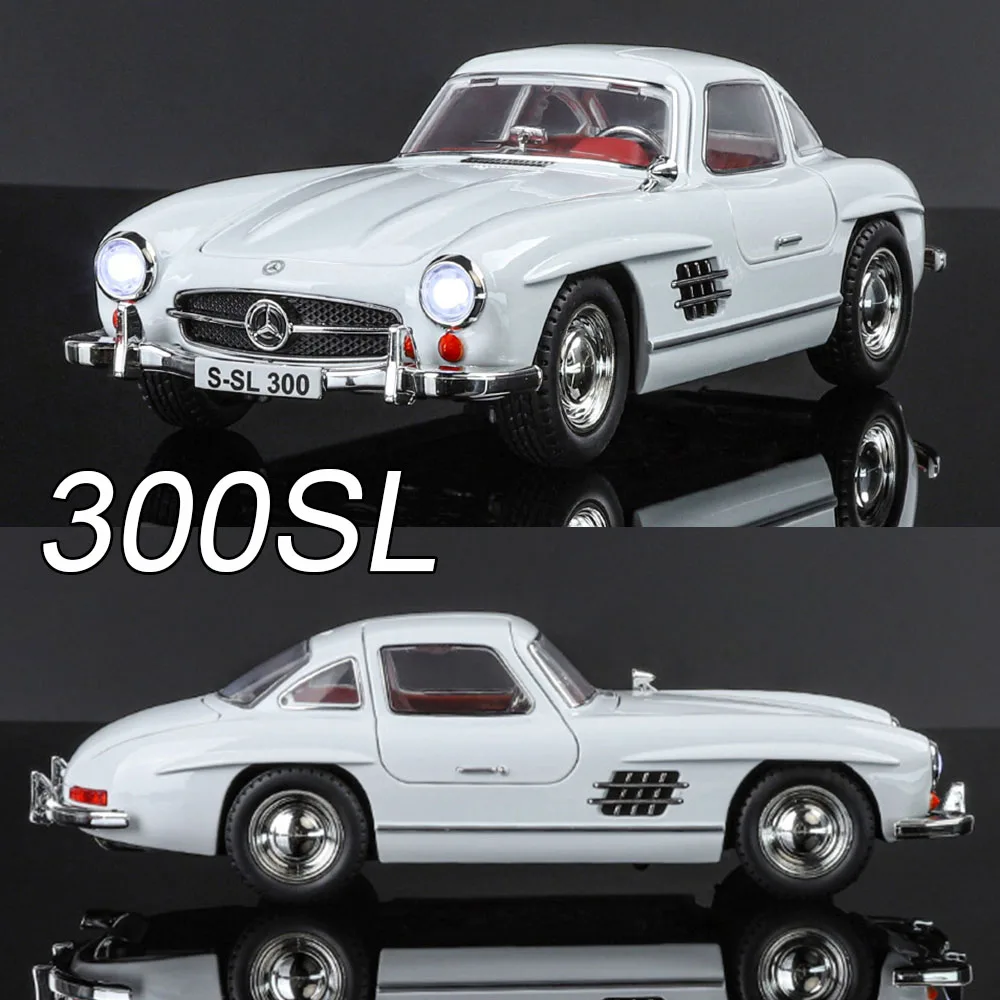 1:24 300SL Alloy Toys Diecast Models Cars 4 Doors Opened Vehicles Light Music Wheel Steering Vintage Car Children's Day Gifts