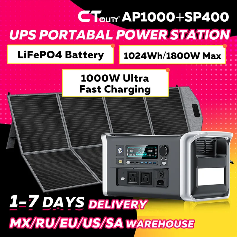 CTOLITY 1600W Portable Solar Generator 1024WH Camping Power Station 400W 41V Foldable Solar Panel LiFePO4 Battery UPS Backup RV