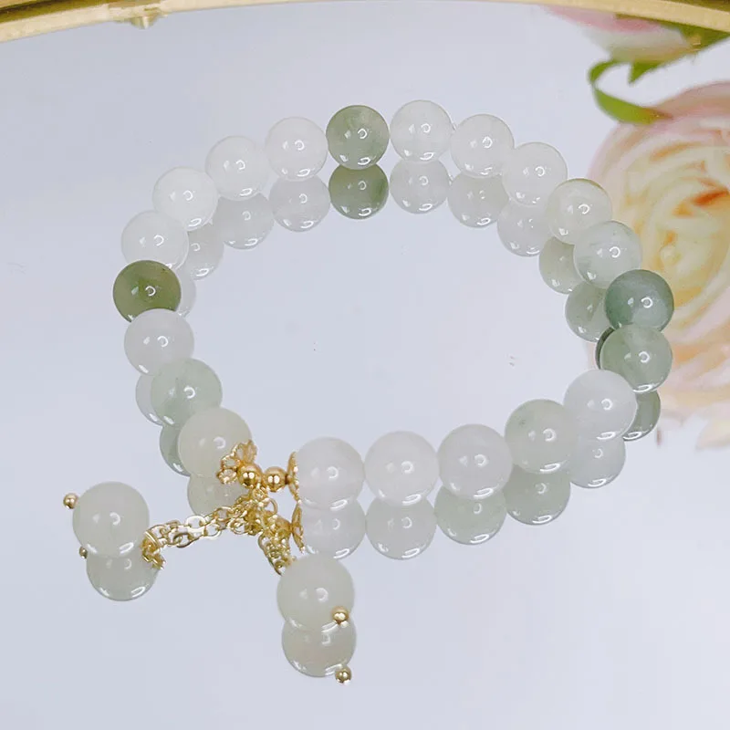 Natural Tianshan Cui Stones Vintage Tassel White Light Green Jade Beaded Strand Bracelets for Women Fine Jewelry YBR830