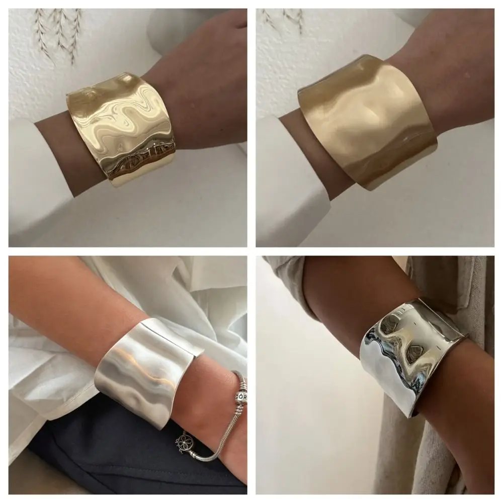 Personality Geometry Simple Metal Bracelet Textured Glossy Exaggerated Bracelet Hand Jewelry Matte Wide Side Bangle Party