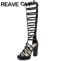 REAVE CAT Platform Women Sandals Knee High Block Heel Size 33-43 Black White Dating Shoes S4037