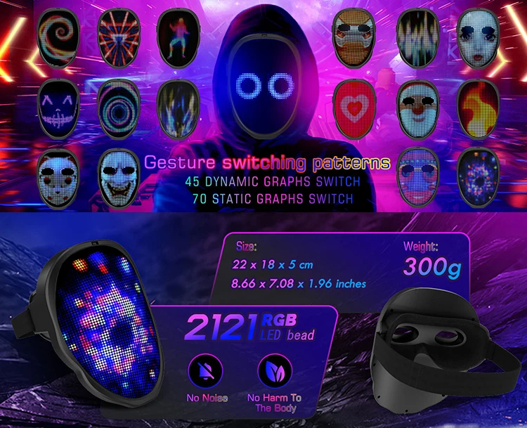 Máscara LED Con Detección De Gestos | 30 Imágenes Y 40 Animaciones | Programable Vía Bluetooth | Ideal Para Fiestas Y Conciertos