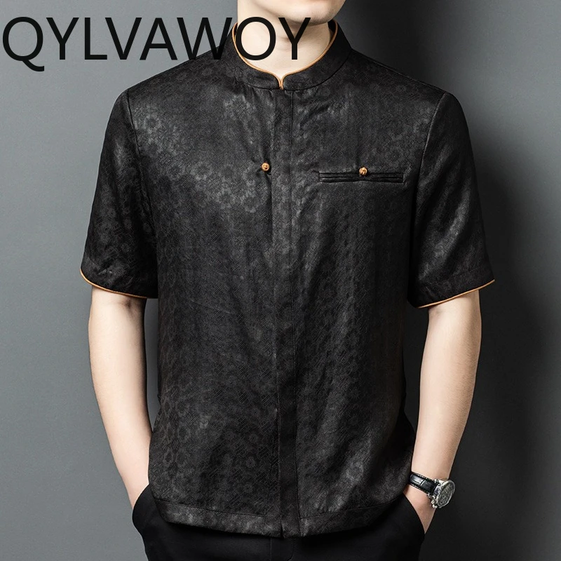 QYLVAWOY 100% Mulberry Silk Men's Shirts High-end Satin Shirts for Man Short Sleeve Tops Luxury Man Clothing Chinese Style Shirt