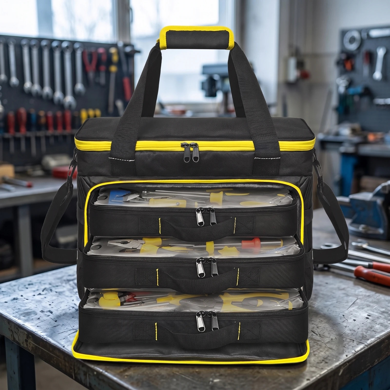 Tool Bag with Clear-Lid Cases Soft-Sided Tool Bag with Shoulder Strap Jobsite-Ready Portable for Repair Work, Garage