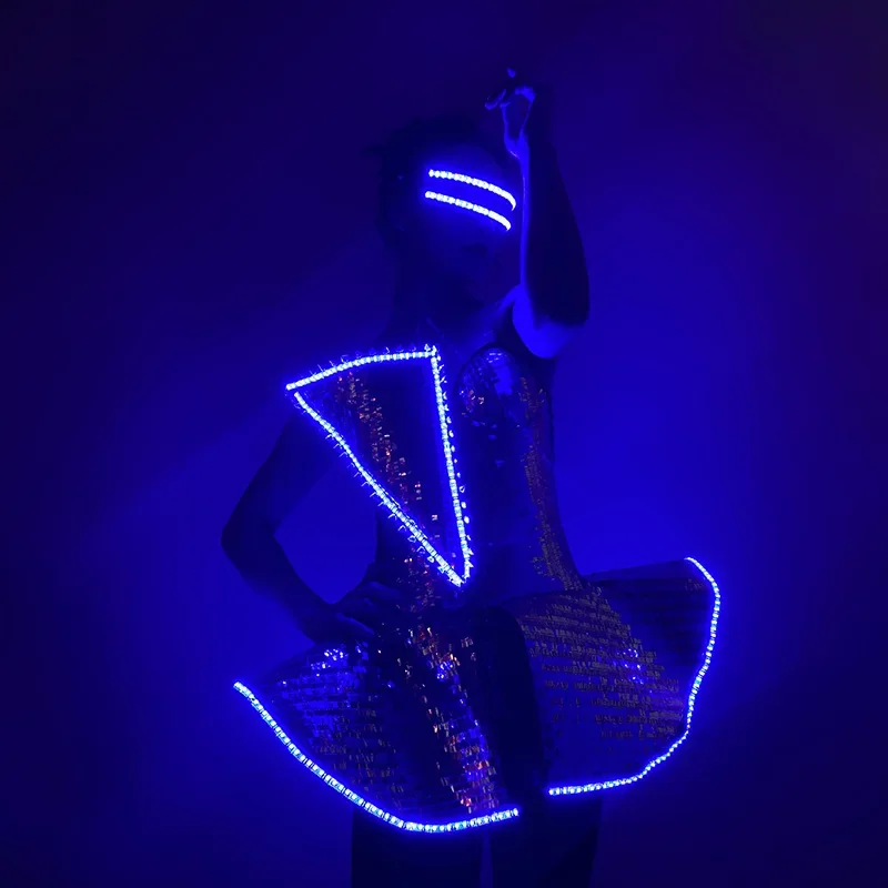 Led Pailletten Jurk Vrouwen Dansshow Kostuum Performance Meisjes Vestidos Carnaval Party Lights Volwassen Gewaad Pak Lichtgevende Kleding