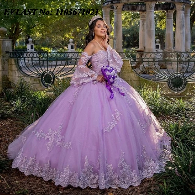 EVLAST 2024 Sexy Lavender Ball Gown Quinceanera Dress Lace Applique Beaded Tiered Mexico Corset Sweet 16 Vestidos De Anos SQ402