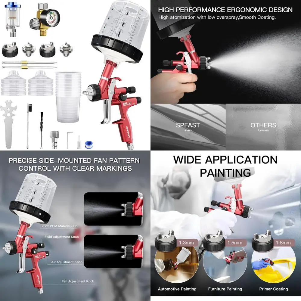 

Комплект пневматического краскопульта HV с бачками 20 унций, сопла 1.3/1.5/1.8 мм для покраски автомобилей, дома и мебели, с низким уровнем распыления.