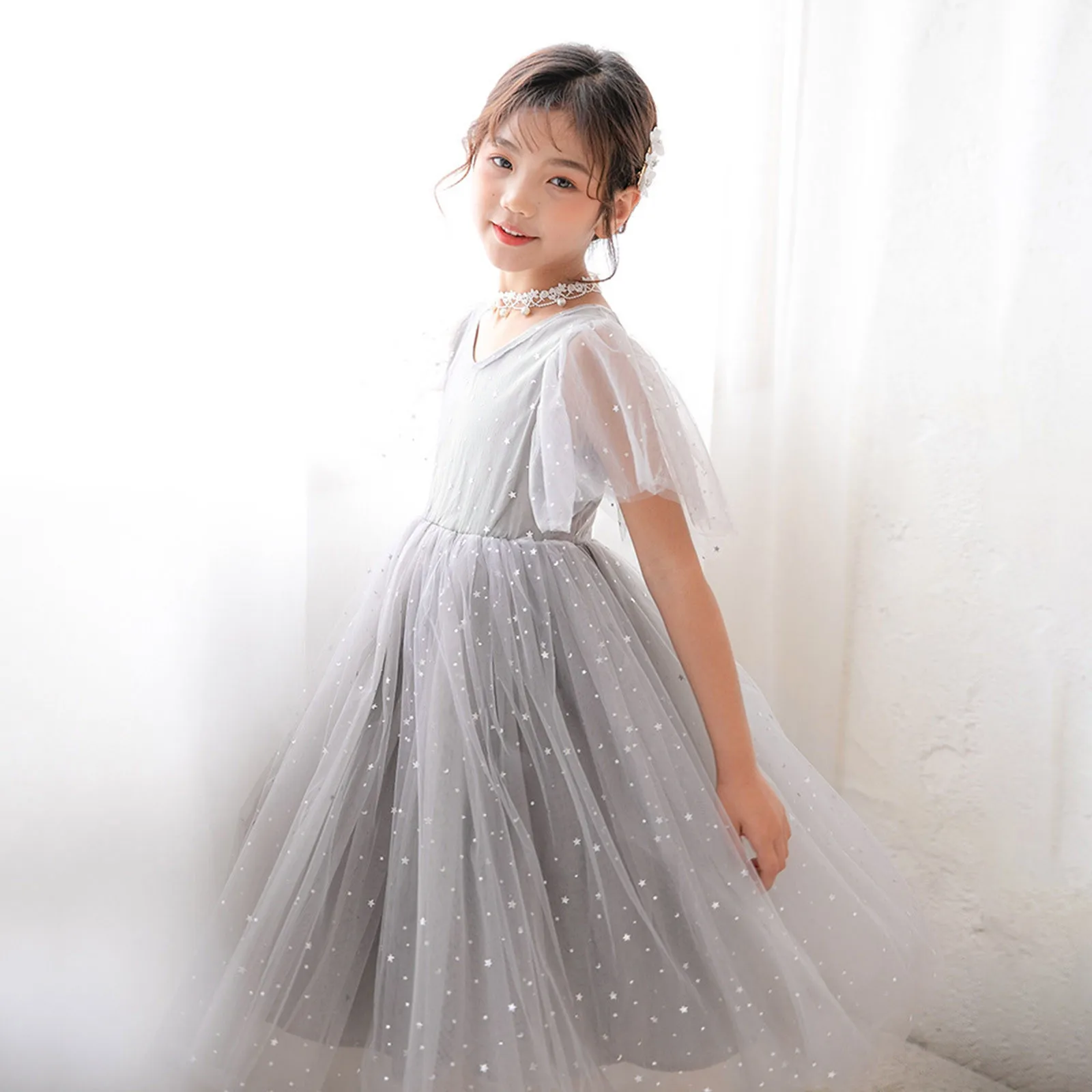 Kids Girls Tulle Princess Dresses Elegant Long Style Star Prints Casual Summer Party Dress Children Birthday Party Costume 2-14Y