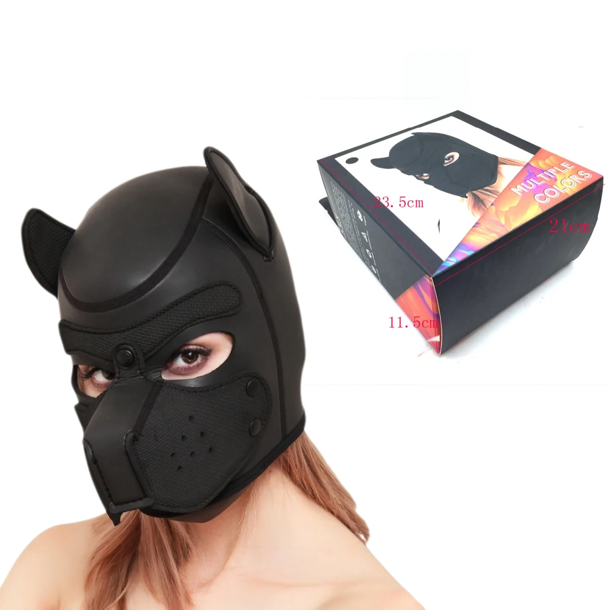 Black Unisex Sponge Padded Rubber Puppy Head Mask Full Head Open Eyes Cosplay Costume with Collar Exotic Party Accessory