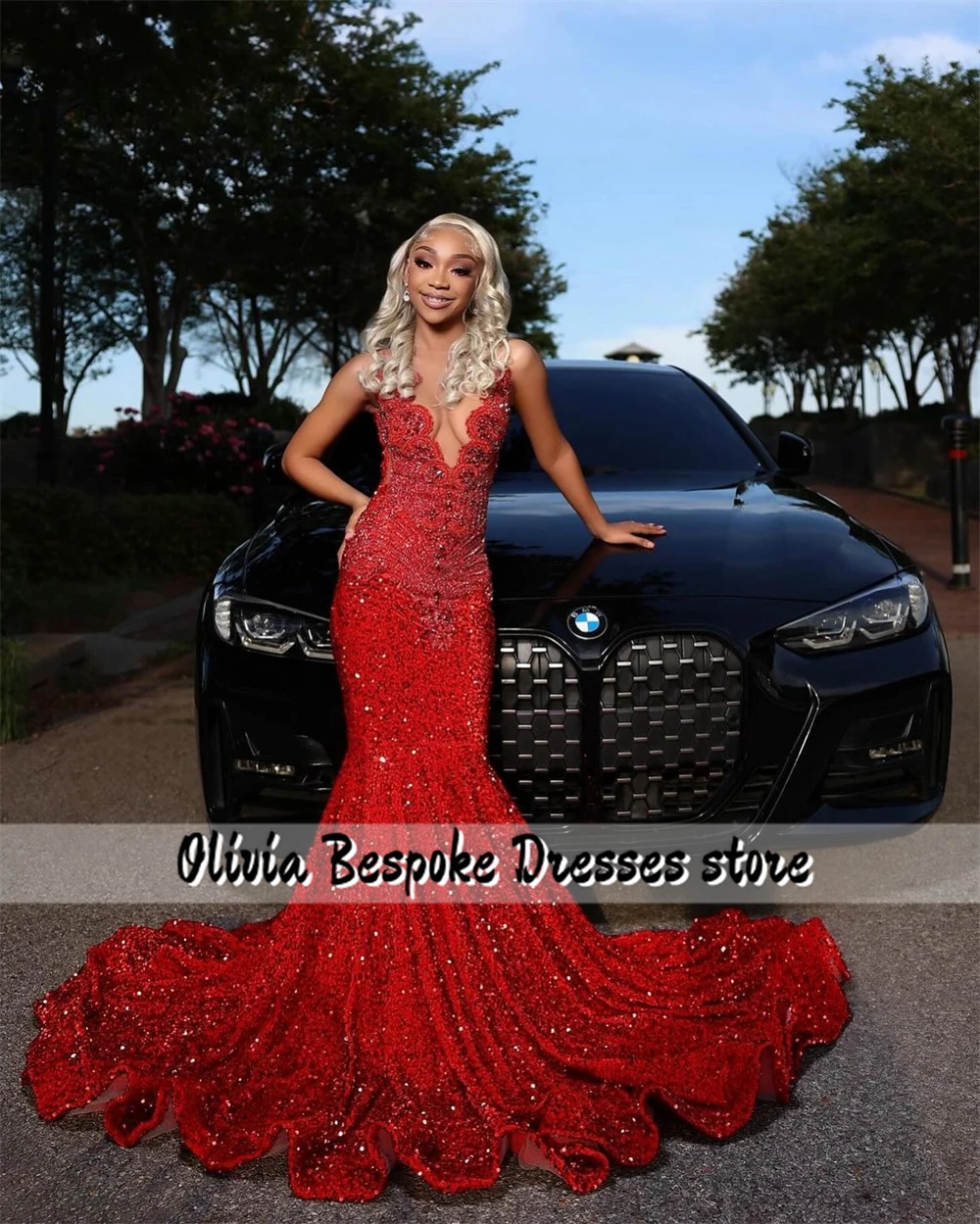 Charming Red Sequin Prom Dresses Beaded Rhinestones Mermaid Valentine's Day Party Gowns Black Girls New Year Cocktail Customized