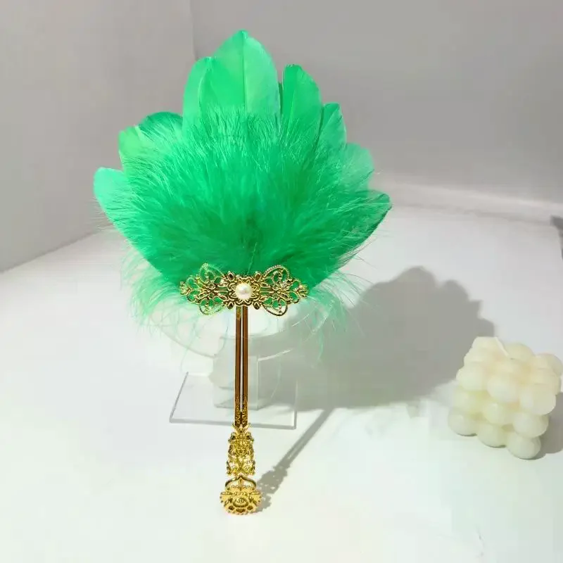 1Pcs Gold Handle Colorful Vintage Fluffy Feather Hand Fan Chinese Style Fairy Fan Dance Fan Stage Performances