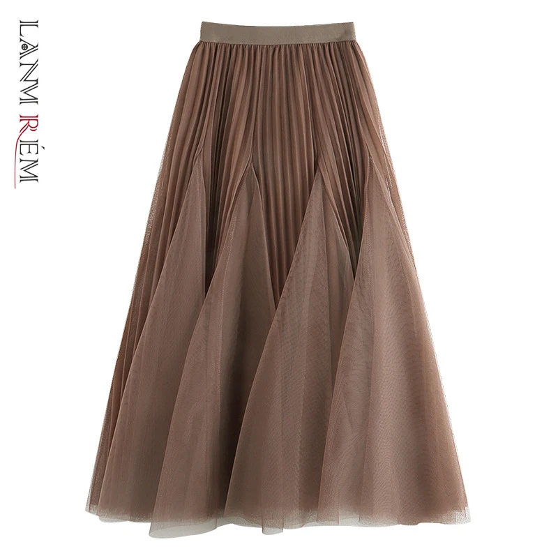 LANMREM Irregular Stitching Mesh Large Swing Pleated Skirt High Waist Mid Length Puffy Skirts 2024 New Spring Clothing 2Q1356