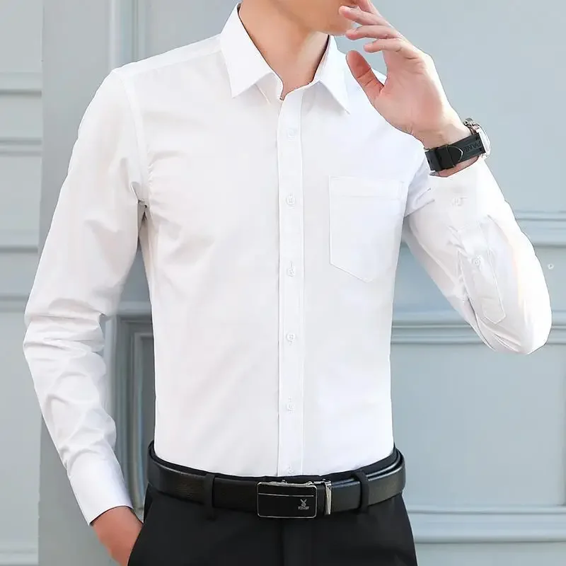 Men Solid Color Business Shirt Fashion Casual Slim White Long Sleeve Shirt Male Brand Clothes