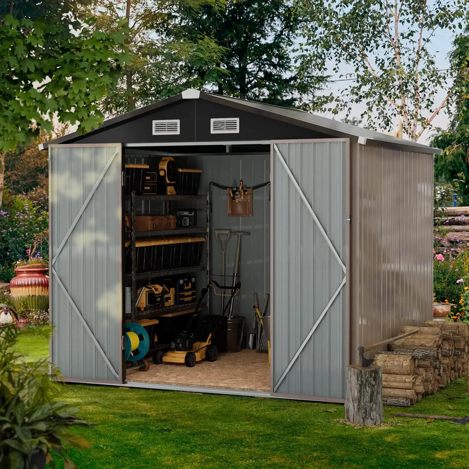 Cobertizo de almacenamiento al aire libre de 8,5 pies x 5,6 pies, casa de almacenamiento de herramientas de utilidad de acero de Metal con puerta y cerradura, para jardín de patio trasero, marrón