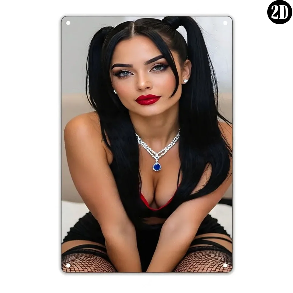 2D Flat Rectangular Metal Tin Sign Black Pigtails Woman Fishnet Stockings Poster Man Cave Wall Decor Plaque