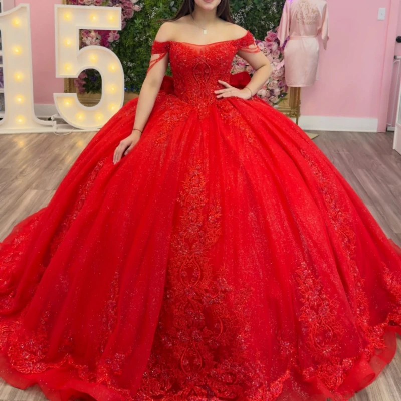

Red Shiny Ball Gown Quinceanera Dresses 2026 Sequin Applique Lace Beading Crystal Bow Corset Tull Off Shoulder Sweet 16 Dress