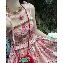 Japan Kawaii Dress Strawberry Floral Stitching Suspender Skirt Lace-up Cardigan Japanese Style Sweet