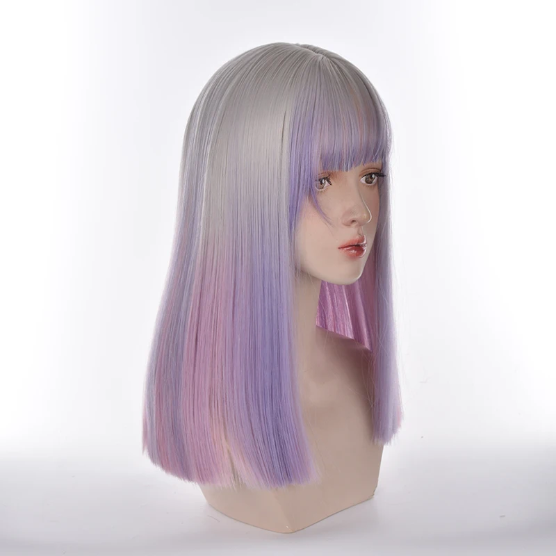 VICWIG Female Medium Long Synthetic Wig Cosplay Lolita Natural Gradient Green Purple Pink Color Student Soft Girl Straight Bangs