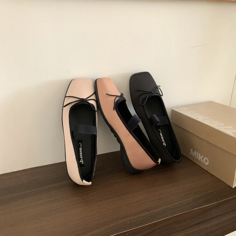 靴ヒール付き秋スクエアトゥバレリーナ女性-2026-ボウノットモディス女性靴秋新しいバレエ蝶かわいいドレスメアリー