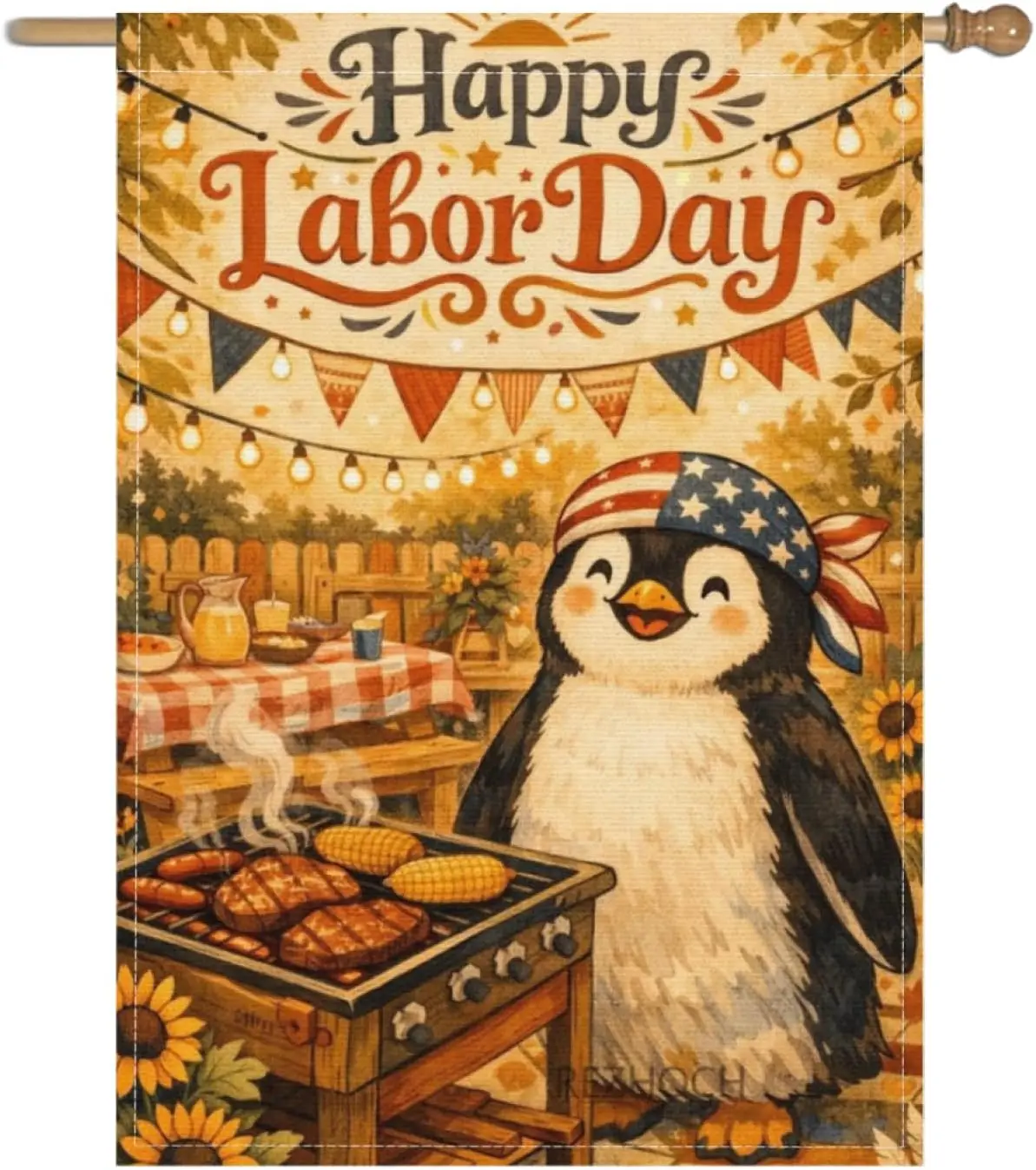 Bohemian Garden Flag 28x40 Inch,Boho Fun Penguin BBQ Party Happy Labor Day Cute Animal Yard Decor,Rustic Double Sided Outdoo AAS