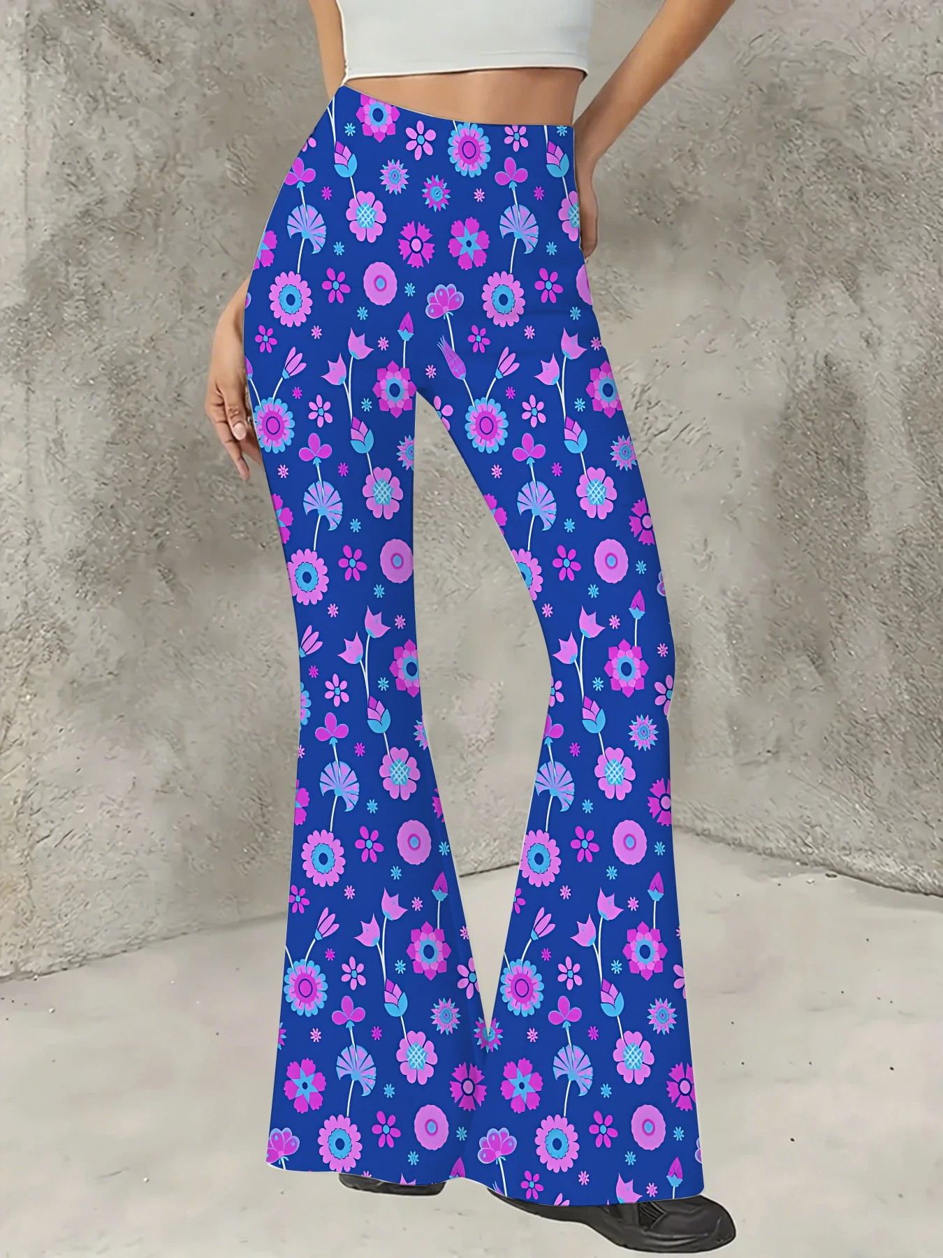 

Women's Print Flare Pants Casual High Waist Knit Bell Bottom Trousers Boho