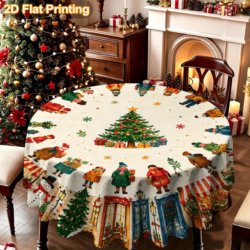 Tablecloth Christmas Gift 2D flat. 1 piece Round Christmas Town Scene Design Round Tablecloth