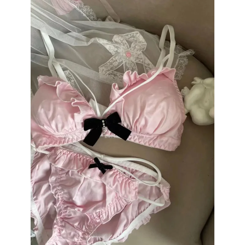 Kawaii Women Bralette Push Up Brassiere Sexy Bow Bra French Lingerie Female Bra and Panty Set Thin Ruffles Lace Underwear Sets