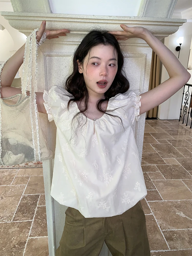 

Блузка женская Dorydory с вышивкой в виде бутонов цветов, уникальная, изысканная, маленькая, из дышащего хлопка, белая