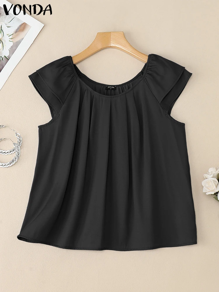 VONDA Plus Size Blouse Women Summer Denim Shirts Ruffled Big Size Blouse Short Sleeve Tunic Tops Casual Loose Solid Color Blusas