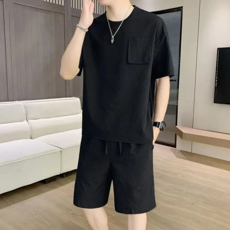 Summer New Arrival Men's 2 Piece Set Short Sleeve Solid Color Casual Trendy Chinese Style Loose Sports Shorts Handsome