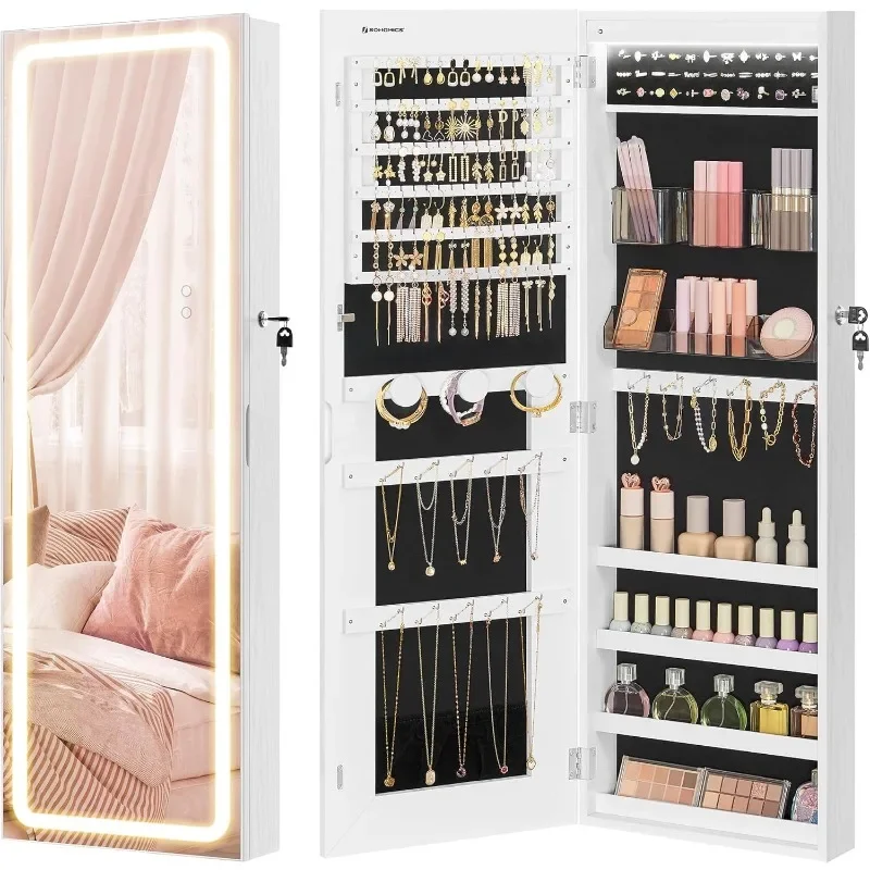 LED Mirror Jewelry Cabinet Armoire, Wall or Door Mounted Jewelry Storage Organizer, Hanging Frameless Mirror Cabine