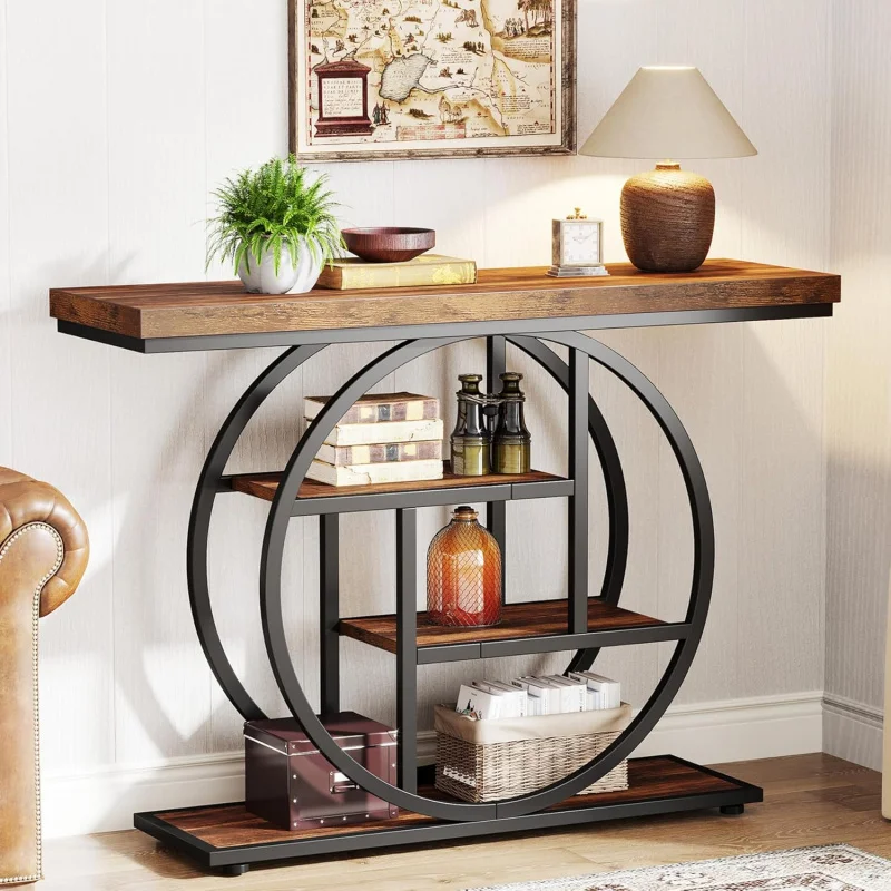 

Console Table, Industrial 4-Tier Sofa Table Entryway Table with Circle Base, Narrow Wood Accent Tables with Storage Shelves